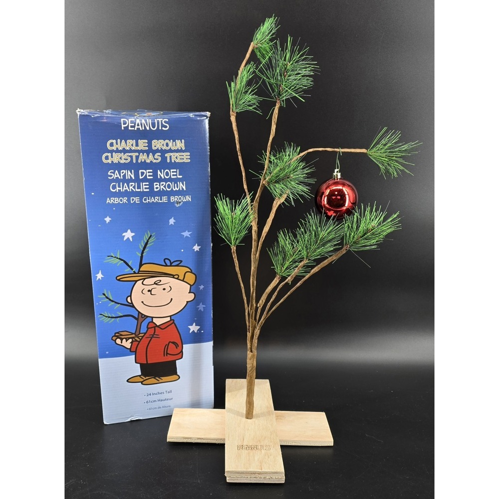 Charlie Brown Christmas Tree 24" Tall Wood‎ Stand Red Bulb Office Desk Decor